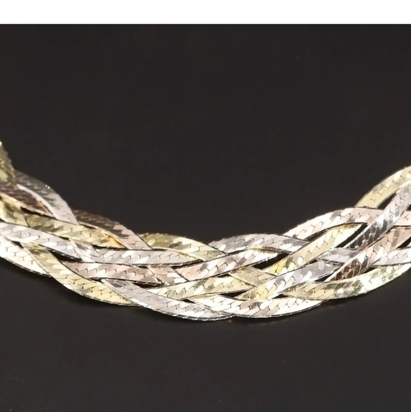 Sterling silver 7" herringbone chain 7‎ mm braided tri color bracelet - Picture 2 of 5
